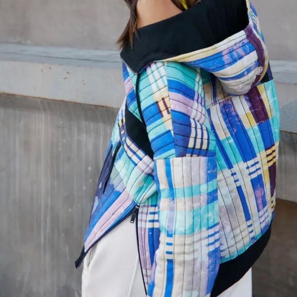 Free People Fast Times Pullover Hoodie Bleach Blue Plaid